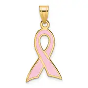 14k Yellow Gold Large Enameled Pink Awareness Ribbon Pendant