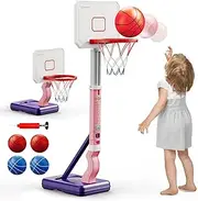 Toddler Basketball Hoop, Adjustable Height 2.3-4.5ft Baby Basketball Goal Set with 4 Balls & Pump, Backyard Poolside Basketball Toy for Boys & Girls Birthday Gift