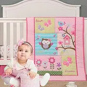 Brandream Garden Birds Floral Crib Bedding Sets for Girls | 3-Piece Pink Butterfly Nursery Set | Baby Quilt, Fitted Crib Sheet, Dust Ruffled Included - Animal Owl