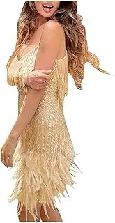 [Generic] Dresses for Women Sequin Fringe Flapper Feather Dress Sparkly Spaghetti Strap Evening Party Mini Dresses