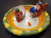 Rare Vintage Chip & Dip Bowl Pond Set Beer Drinker & Fisherman 13" Fishing NOS