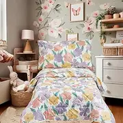 Brandream Flora Toddler Bedding Set for Girls Bed in A Bag Garden Cotton Comforter Sheet Set, Purple 4 Pieces