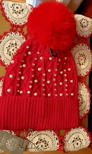 Vince Camuto Red Rhinestone & Pearl Beanie w/ Pom Pom, NWT