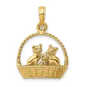 14k Yellow Gold 3-D Cats Inside Of Basket Charm
