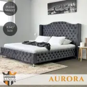 Aurora King Bed Frame Studded Fabric Grey Plush Velvet Upholstered Tufts