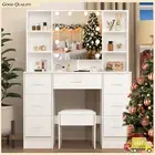 Vanity Makeup Desk Dressing Table With Hollywood Mirror & 7 Drawers & Stool set