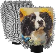 XYMZR Absorbent Microfiber Car Wash Mitt English Springer Spaniel Dog, Funny Cute Anime Scratch Free for Cars Cleaning, Home Cleaning Mitts, 2 Pack, 10.24” L x 7.09” W