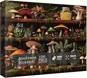 Beautiful Mushroom Bookshelf Puzzles for Adults 1000 Pieces Nature, Colorful Plant Bottle Art Jigsaw Puzzles, Pretty Scenic Painting Fantasy Puzzle