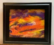 Abstract Modern Acrylic Fluid Pour Painting on Canvas Orange Purple Art 8" x 10"