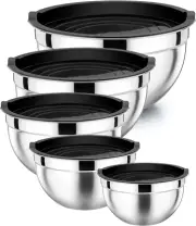 Stainless Steel Mixing Bowls with Black Lids Set of 5, Nesting Salad Mix Bowl fo