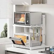 ABCOOL Retractable Adjustable 2 Axial Snap-in Kitchen Baker Microwave Oven Rack, Expandable and Height Adjustable Carbon Steel Shelf Counter Countertop with 3 Clip Hooks, Electric Oven Holder