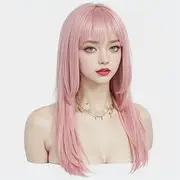 Long Straight Pink Wig with Bangs for Women 22 Inch Wig for Ryomen Sukuna Cosplay with Face tattoos Synthetic Heat Resistant Fiber Wig with Skinlike HD Wig Cap