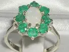 14k White Gold Natural Opal & Emerald Womens Cluster Ring - Sizes 4 to 12