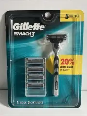 Gillette Mach3 Razor Handle + 5 Cartridges | NEW Sealed | 20% More Value