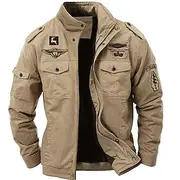 Men's Cotton Embroidered Military Jacket Cargo Jacket with Shoulder Straps Long Sleeve Standing Collar Multi-Pockets Coat Trucker Jacket Reindeer Print Tactica