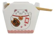 Maneki Neko Lucky Cat Asian Takeout To Go Box Serving Bowl With Chopsticks Set