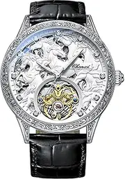 [FORSINING] Men's Gold Luxury Tourbillon Watch Tiger Carved Moon Phase Self-winding Mechanical Automatic Watches Retro Tattoo Skeleton Large Dial Leather Belt Wristwatch