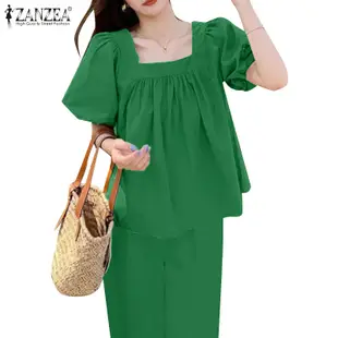Zanzea 女士韓版日常休閒泡泡袖方領純色套裝