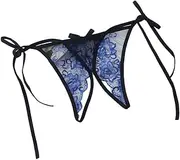 [Bigood] Charming Transparent Embroider Open Crotch Bikini Briefs G-String Accessories for Women Dark Blue
