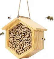 Mason Bee House Native Bee Hive Hexagon Bee House Natural Handmade Wooden Mason Bee Box Habitat Home Hotel with Bamboo Tubes - Attracts Peaceful Bee Pollinators to Enhance Your Garden's Productivity