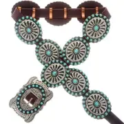 Navajo Turquoise Concho Belt Old Pawn Santa Fe Style LRG Stamped Antiqued Silver