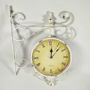 Outdoor Garden Wall Clock, Blue Double Sided Station Clock Garden Clock 360° Rotation Wrought Iron Retro Waterproof Outdoor Clock Decoration Outside Clock (White)