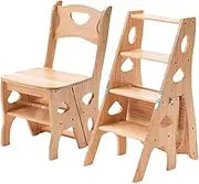 Wooden Folding Library Ladder Chair, 4-Storey Multi-Function Step Stool, Portable 2-in-1 Ladder Chair Stool Stepladder for Home Library Kitchen(Wood Color)