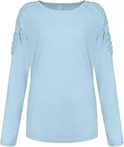 [N\P] NP Women Hollow Out Neck Shirt Autumn Summer Blouse Womens Casual Long Sleeve Sky Blue