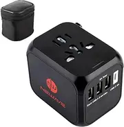 4 Port 3 USB A + 1 USB C 5A All in One Smart Universal International Worldwide AU/EU/UK/US Plug Fast Quick Rapid Charge Travel Adapter Charger Medium Black with Zippered Canvas Bag