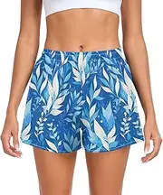 [FRODOTGV] Light Blue Leaves Women's Athletic Shorts Ouick Dry Lounge Shorts for Fitness Travel Lounge Swimming S, Light Blue Leaves, Large