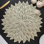 Mabbcoo Placemats Set of 6, Round Hollow Out Flowers Place Mats for Dining Table Pressed Vinyl Blooming Leaf Table Mats for Holiday Party Wedding Accent Centerpiece Dinner Table Decoration (Gold)