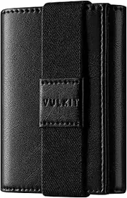 [VULKIT] Minimalist Leather RFID Blocking Trifold Wallet with Elastic Band Slim Credit Card Holder with 3 ID Windows & Zipper Pocket for Men (Black)