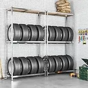 2 Piece Tire Racks for Garage, 2-Tier Metal Tire Storage Rack, Heavy Duty Tire Shelf, Car Tire Stand, Workshop Shelving, Tire Storage Shelf, Silver 110x40x180 cm Steel