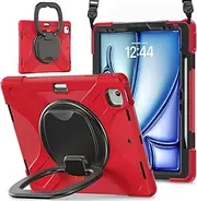 Full Protective Case Case Compatible with iPad Air 13 Inch M3 2025/Air 13" M2 2024,Heavy Duty TPU Shockproof Kids Case,360 Degree Rotating Multi-Function Grip Bracket+Shoulder Strap Rugged Cover(Red)