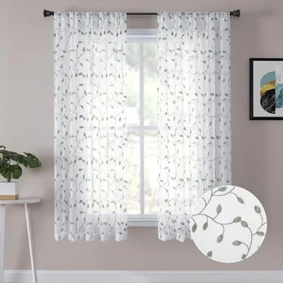 Leaves Short Sheer Curtain Sage Green Leaf Embroidery Living Room Curtains
