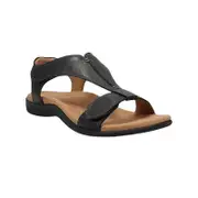 Nevenka Premium Leather Sandals for Women Hook & Loop Closure Flats-Black