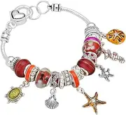 [Rosemarie Collections] Women's Starfish Seahorse Turtle Glass Bead Beach Charm Bracelet