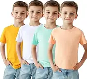 [HILEELANG] Kids Boy Basic Plain Cotton T-Shirts Short Sleeve Crew Neck Summer Tees 4packs 6-12 Years