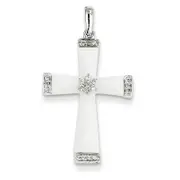 14K White Gold White Agate and Diamond Cross Pendant