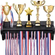 Wooden Medal Hanger Display and Trophy Shelf, Black Medal Hanger Display with Sh