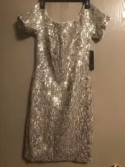 NWT S 6 Aidan Mattox gold off shoulder sequin dress $245 mini above knee sparkly