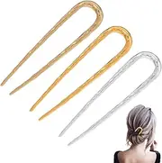 Metal French Hair Pin, French Pin, 3Pcs Vintage Pattern U Shaped Hair Pins for Women and Girls, Hair Stick for All Hair Types, U-Shaped Large Hair Pins for Buns, Long and Thick Hair, Hair Clip