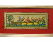 Radha Krishna Riding Boat Palm Leaf Wall Painting Frame On Paper with Cane Stick
