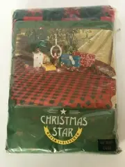 Christmas Star Plaid Tablecloth Vintage 60"x 84" Oval Cotton Red Green Holiday