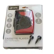 GPX AM FM Black and Red Cassette Player Recorder with Built In Mic and Earbuds.
