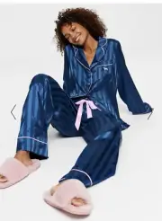 M Peter Alexander Long Sleeve & Pant Navy Penny Satin Stripe Pj Set RP$139 Boxed