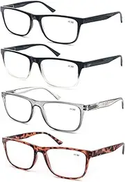 OLOMEE Reading Glasses Oversize Women Men 4 Pack Readers,Large Comfort Square Lightweight Eyeglasses Frame-Flexible Spring Hinge Well Wear -Each Area with 4 Pouch