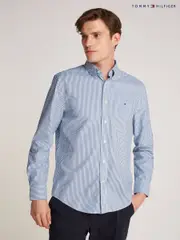 Tommy Hilfiger dark blue Regular Fit Flex 100% Cotton Classic Poplin Stripe Shirt (AM4975) | $173