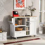 Kitchen Island Cart on Wheels Spice & Towel Rack Open Shelf Drawer Cabinet White