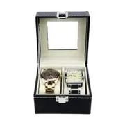 Black Pu Leather Watch Display Stand Box Flannelette Grids with Glass Cover-2 Slot